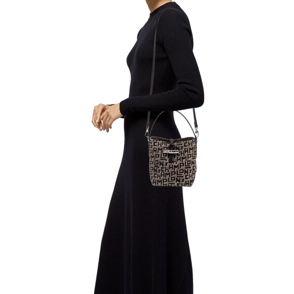 Longchamp Roseau Monogram Print Shoulder Bag Crossbody Black Tan – Hard to Find - Picture 1 of 14